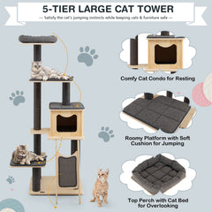 69 Inch Pine and Birch Cat Tower with Large Condo, Sisal Ramp and Washable Mats, Gray