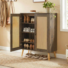 5-Tier Rattan Shoe Cabinet with 3 Removable Shelves-Walnut