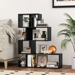 5 Tier Z Shelf Bookcase in Black, Geometric S Shaped Bookshelf with Open Cubes