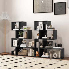 5 Tier Z Shelf Bookcase in Black, Geometric S Shaped Bookshelf with Open Cubes