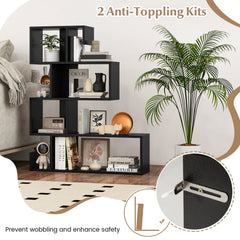 5 Tier Z Shelf Bookcase in Black, Geometric S Shaped Bookshelf with Open Cubes