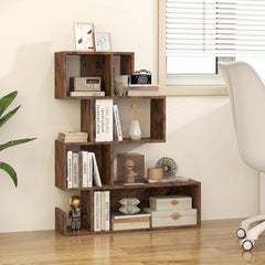 5-Tier S-Shaped Bookshelf Geometric Z-Shelf Bookcase with Open Cubes-Rustic Brown