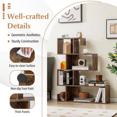 5-Tier S-Shaped Bookshelf Geometric Z-Shelf Bookcase with Open Cubes-Rustic Brown