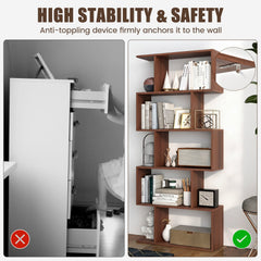 5-Tier S-Shaped Bookshelf with Anti-Tip Kit for Living Room Home Office-Walnut