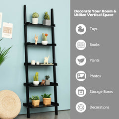 5 Tier Black Ladder Shelf, Wall Leaning Display Rack for Plants and Books