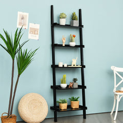5 Tier Black Ladder Shelf, Wall Leaning Display Rack for Plants and Books