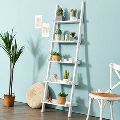 5 Tier White Ladder Shelf, Wall Leaning Display Rack for Plants and Books
