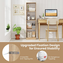 5 Tiers 4-Cube Narrow Bookshelf with 4 Anti-Tipping Kits-Natural