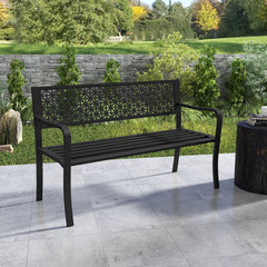 50 Inch Garden Bench with Patterned Backrest and Curved Armrests for 2-3 Person-Black