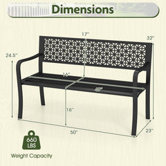 50 Inch Garden Bench with Patterned Backrest and Curved Armrests for 2-3 Person-Black