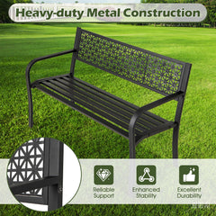50 Inch Garden Bench with Patterned Backrest and Curved Armrests for 2-3 Person-Black