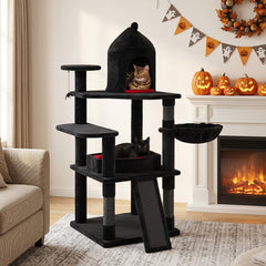 50 Inch Gothic Cat Tree with Castle House, Coffin Bed, Sisal Ramp and Rotatable Basket