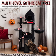 50 Inch Gothic Cat Tree with Castle House, Coffin Bed, Sisal Ramp and Rotatable Basket
