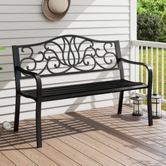50 Inches Outdoor Garden Bench with Floral Design Backrest and Slatted Seat-Black