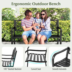 50 Inches Outdoor Garden Bench with Floral Design Backrest and Slatted Seat-Black