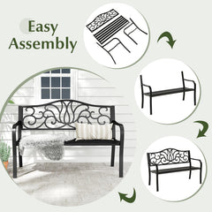 50 Inches Outdoor Garden Bench with Floral Design Backrest and Slatted Seat-Black