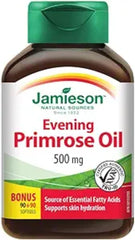 Jamieson Evening Primrose Oil 500 mg with Vitamin E, Omega-6, Supports Skin Hydration, Skin Smoothness, Reduces Acne Symptoms, and Provides Ezcema Symptom Support. Non-GMO, Gluten-Free, 180 Softgels, Proudly Canadian