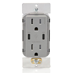 Leviton USB Dual Type-C Receptacle, 15 Amp, Tamper-Resistant, T5636-00G, Grey