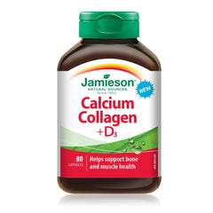 Jamieson Calcium 250 mg, Collagen 150 mg, Plus Vitamin D3 500 IU Capsules, Hydrolyzed Collagen, Supports Bone Health, Muscle Function, Helps Prevent Osteoporosis and Bone Loss. Non-GMO, Gluten-Free, 80 Count, Proudly Canadian