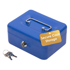 Desk Tech Heavy-Duty Metal Cash Box with Lock, 6-Slot Removable Tray, Portable Safe Box for Office Desk, School, Small Business, and Yard Sale, 6" L x 2.5" H x 4.5" W, Blue