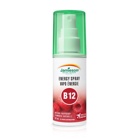 Jamieson Travel Size Vitamin B12 500 mcg Spray Natural Raspberry Flavour, Methylcobalamin, Supports Energy Production and Metabolism. Gluten-Free, Sugar-Free, No Artificial Colours, Flavours, or Sweeteners, 58 mL (approx. 125 sprays)