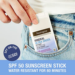 Neutrogena Mineral Ultra Sheer Dry-Touch Sunscreen Stick SPF 50 with Zinc Oxide & Moisturizing Vitamin E – Broad Spectrum Face & Body Protection, Water Resistant 80 Min, No White Residue – 42g
