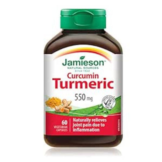 Jamieson Curcumin Turmeric 550 mg, Provides Natural Joint Pain Relief, Supports Inflammation, and Helps with Digestion. NON-GMO, Gluten-Free, 60 Vegetarian Capsules, Proudly Canadian