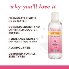 Burt's Bees Rose Micellar Toning Water, 3 in 1 Face Cleanser, Makeup Remover and Toner for all skin types, Alcohol Free, Dermatologist Tested, 1 Count