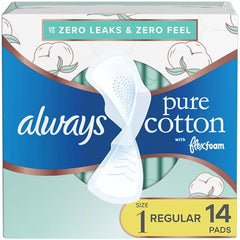 Always Pure Cotton Pads with FlexFoam, Size 1, Regular Absorbency, with Wings, Made with a Premium Cotton Top Layer, Made without Fragrance, 14 Count