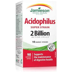 Jamieson Acidophilus Super Strain 2 Billion Active Cells, Supports Digestive Health and Intestinal Health. 10 Unique Strains, Including Lactobacillus and Bifidobacterium, Non-GMO, Gluten-Free, 90 Vegetarian Capsules