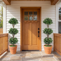 51 inches Artificial Triple Ball Boxwood Topiary Tree with 59 Blossoms Set of 2-White