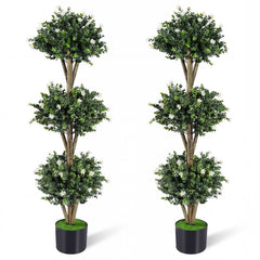 51 inches Artificial Triple Ball Boxwood Topiary Tree with 59 Blossoms Set of 2-White