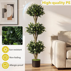 51 inches Artificial Triple Ball Boxwood Topiary Tree with 59 Blossoms Set of 2-White