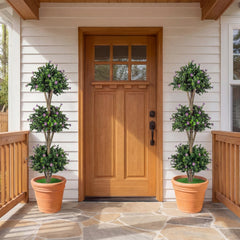 51 inches Artificial Triple Ball Boxwood Topiary Tree with 59 Blossoms Set of 2-Purple
