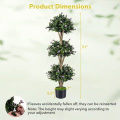 51 inches Artificial Triple Ball Boxwood Topiary Tree with 59 Blossoms Set of 2-Purple