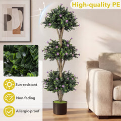 51 inches Artificial Triple Ball Boxwood Topiary Tree with 59 Blossoms Set of 2-Purple