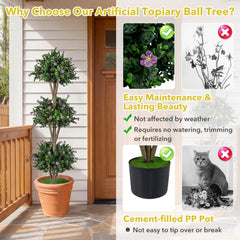 51 inches Artificial Triple Ball Boxwood Topiary Tree with 59 Blossoms Set of 2-Purple