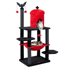 51 Inch Gothic Cat Tree with Red Castle House, Large Hammock and Bat Topper, Black and Red