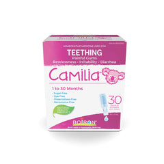 Boiron Camilia Baby Teething Medicine, 30 unit-doses. Camilia used for pain, restlessness, irritability and diarrhea due to teething. Benzocaine-Free and Preservative-Free ,No Sugar, No Dye. 1 to 30 months Day and night use