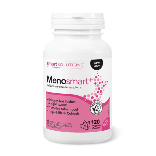 Smart Solutions Menosmart+ Vegetarian Capsules, Reduces Hot Flashes and Night Sweats, Promotes a Calm Mood, and Relieves Menopause Symptoms. With Sage, Black Cohosh, and Chasteberry, Gluten-Free, 120 Count