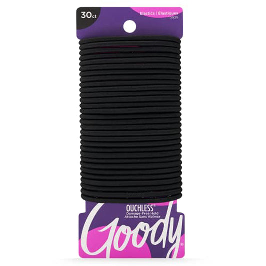 Goody Ouchless Hair Elastics – No Pull, No Breakage, Tangle-Free Hold for Thick, Curly, Coily & Textured Hair – 30 Count, Black, Long-Lasting Ponytail Holders for Women & Men