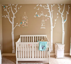 Pop Decors PT-0054 Three Birch Trees and Birdcage Removable Vinyl Art Wall Decals Mural for Nursery Room