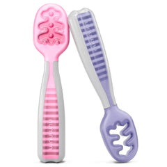 NumNum Pre-Spoon GOOtensils | Baby Spoon Set (Stage 1 + Stage 2) | BPA Free Silicone Baby Utensils for Self Feeding | for Kids Ages 6 Months+, 1-Pack (Two Baby Spoons), Frosty Lilac/Rosebud