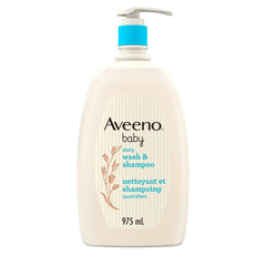 Aveeno Baby Wash and Shampoo - Gentle 2-in-1 Body Wash with Natural Oat Extract for Sensitive Skin - Tear-Free, Hypoallergenic Cleanser, Free from Parabens, Sulfates & Dyes - 975ml