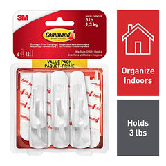 Command Utility Hooks Value Pack, Adhesive Hooks, Medium, 6 Wall Hooks 12 Medium Strips