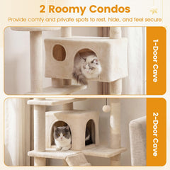 52 Inch Cat Tree with 1 Door and 2 Door Caves, Ramp and Sisal Posts, Beige