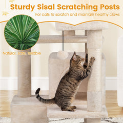52 Inch Cat Tree with 1 Door and 2 Door Caves, Ramp and Sisal Posts, Beige