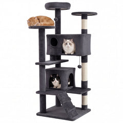 52 Inch Dark Gray Cat Tree with Two Caves, Ramp and Anti Toppling Device