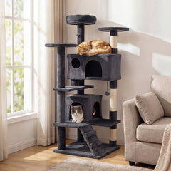 52 Inch Dark Gray Cat Tree with Two Caves, Ramp and Anti Toppling Device