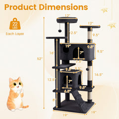 52 Inch Dark Gray Cat Tree with Two Caves, Ramp and Anti Toppling Device